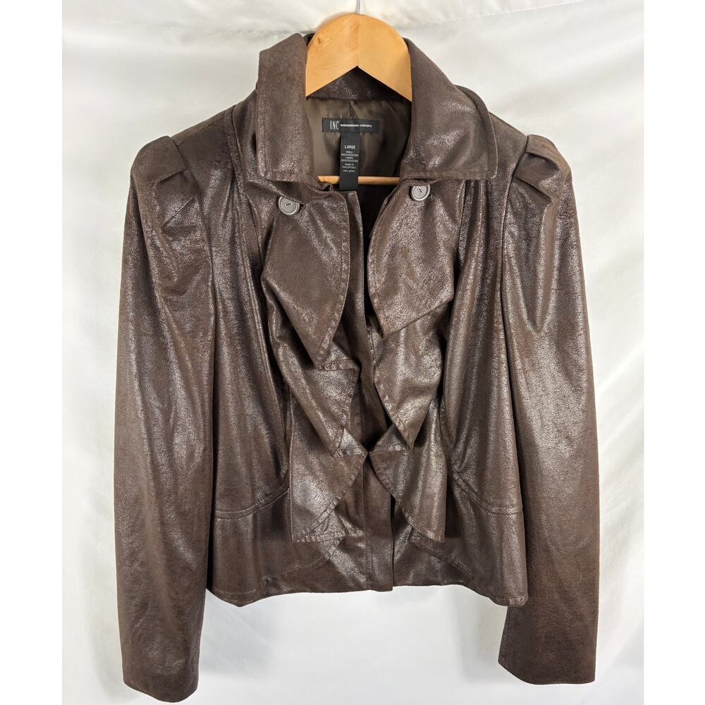 INC International Concepts Ruffle Front Faux Leather Jacket Size Large